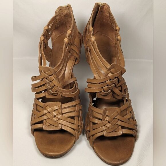 Tory Burch Tevray Huarache Tan Leather 4" Wedge Strappy Sandals Size 8M - Picture 8 of 11